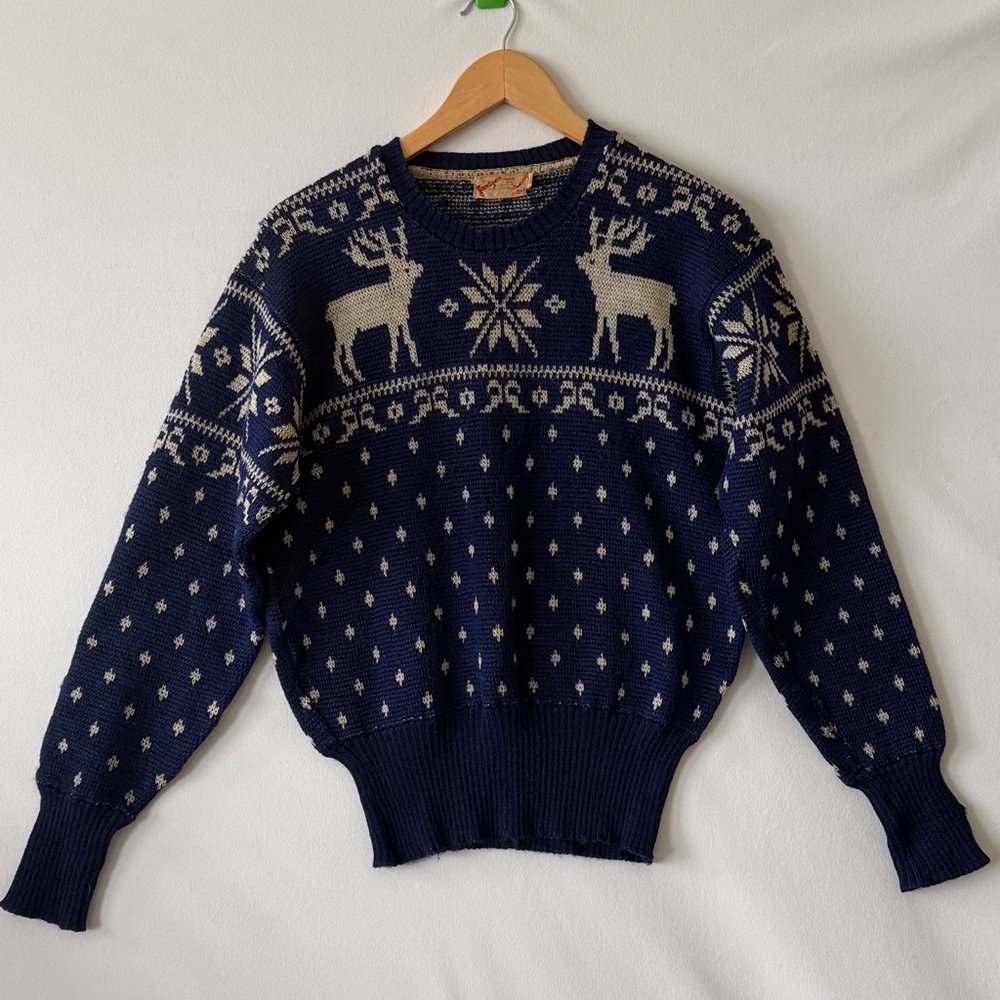 Jantzen Vintage 1940's Blue and‎ White 100% Wool Knit Reindeer Sweater